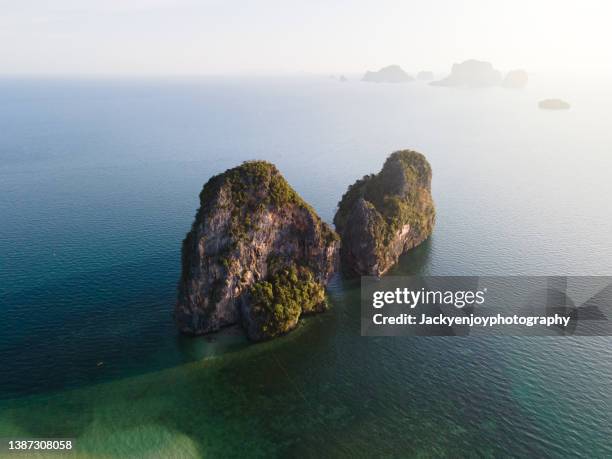 aerial view of railay beach most famous luxurious beach in summer sunny day in krabi, thailand. - sunrise over water stock pictures, royalty-free photos & images