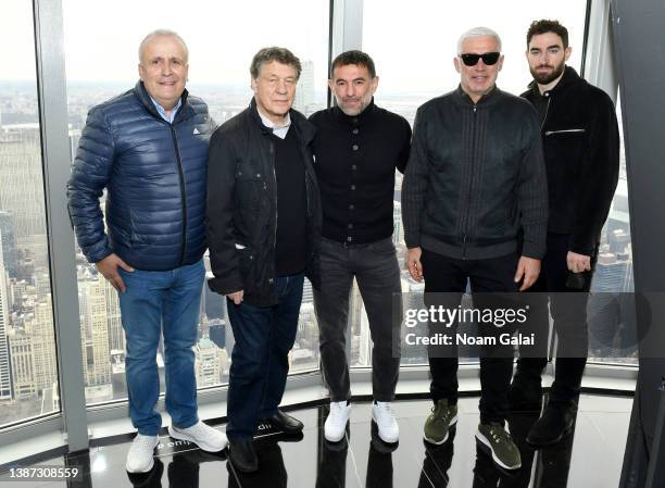 Ioannis Topalidis, 'King' Otto Rehhagel, Georgios Karagkounis, Antonis Nikopolidis and a guest visit the Empire State Building on March 23, 2022 in...