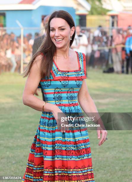 Catherine, Duchess of Cambridge visits Trench Town on day four of the Platinum Jubilee Royal Tour of the Caribbean on March 22, 2022 in Kingston,...