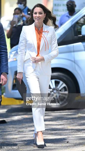 Catherine, Duchess of Cambridge is seen during visit to Shortwood Teacher's College on March 23, 2022 in Kingston, Jamaica.