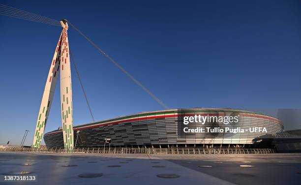 General view outside the stadium ahead of the UEFA Women's Champions League Quarter Final First Leg match between Juventus and Olympique Lyon at...
