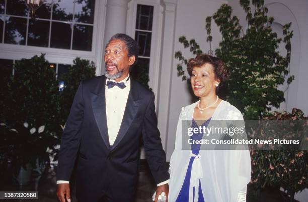 Married American couple, actor Morgan Freeman and costume & set designer Myrna Colley-Lee, arrive at the White House for the State Dinner ,...