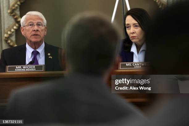 Ranking member Sen. Roger Wicker speaks as Committee Chairman Sen. Maria Cantwell looks on during a hearing before Senate Committee on Commerce,...