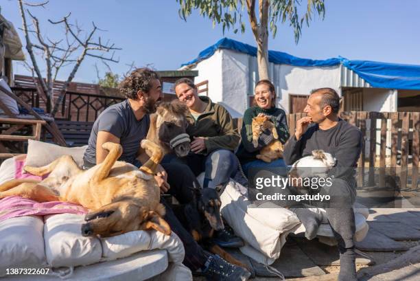 a group of happy mixed race friends spending time with their pets in the garden of the farmhouse - multiple pets stock pictures, royalty-free photos & images