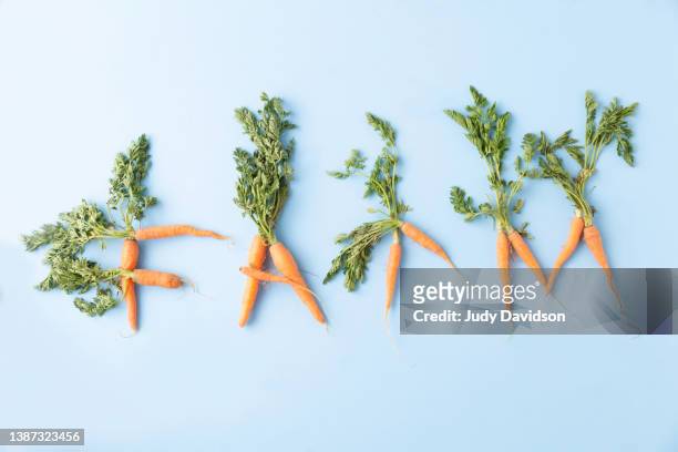 cute small carrots with tops shaped to spell out the word farm - estudio de mercado fotografías e imágenes de stock