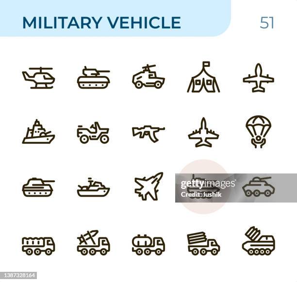 stockillustraties, clipart, cartoons en iconen met military vehicle - pixel perfect unicolor line icons - aircraft carrier icon