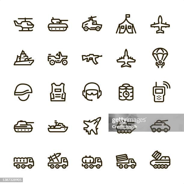 militärfahrzeug & armee - pixel perfect liniensymbole - armeehelm stock-grafiken, -clipart, -cartoons und -symbole