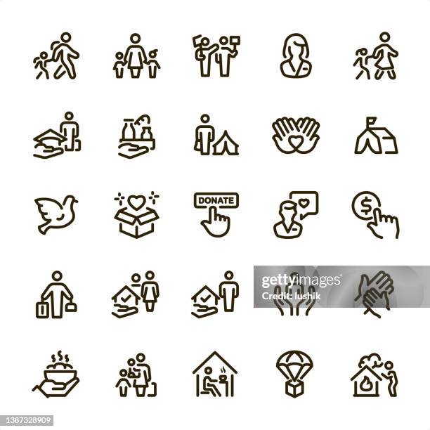refugee & charity - pixel perfect line icons - displaced persons camp stock illustrations