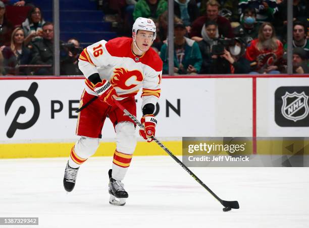 Nikita Zadorov of the Calgary Flames skates up ice during their NHL game against the Vancouver Canucks at Rogers Arena March 19, 2022 in Vancouver,...