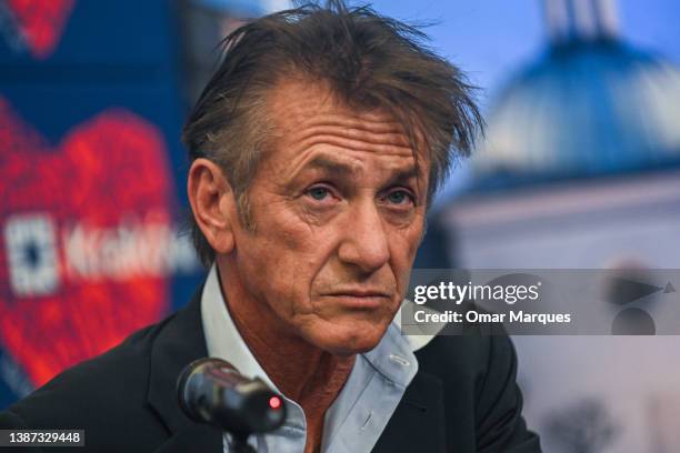 Sean Penn and the Mayor of Krakow, Jacek Majchrowski speak to the press after signing a humanitarian contract at the City Hall on March 23, 2022 in...