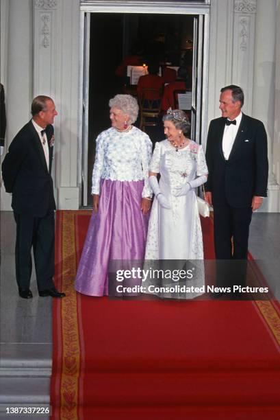 View of, from left, Prince Philip, Duke of Edinburgh , US First Lady Barbara Bush - US First Lady , British monarch Queen Elizabeth II, and US...