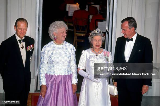 View of, from left, Prince Philip, Duke of Edinburgh , US First Lady Barbara Bush - US First Lady , British monarch Queen Elizabeth II, and US...