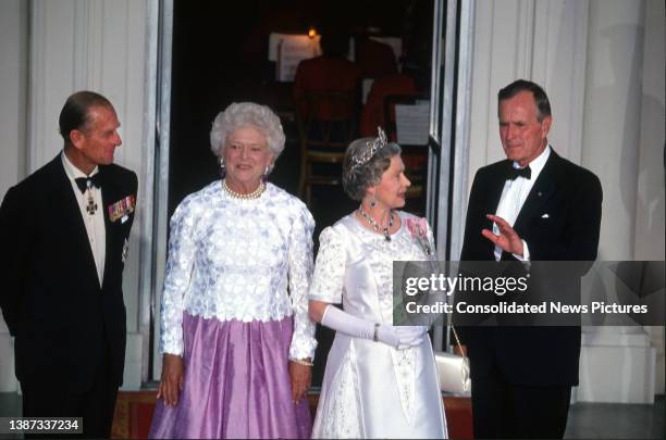 View of, from left, Prince Philip, Duke of Edinburgh , US First Lady Barbara Bush - US First Lady , British monarch Queen Elizabeth II, and US...