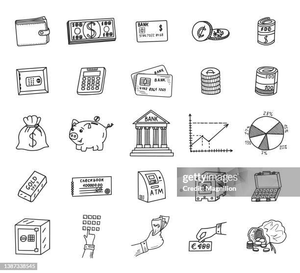 bank und finanzen doodles setzen - coin bank stock-grafiken, -clipart, -cartoons und -symbole