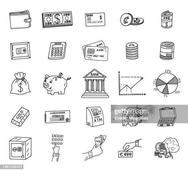 bank and finance doodles set - money box stock illustrations