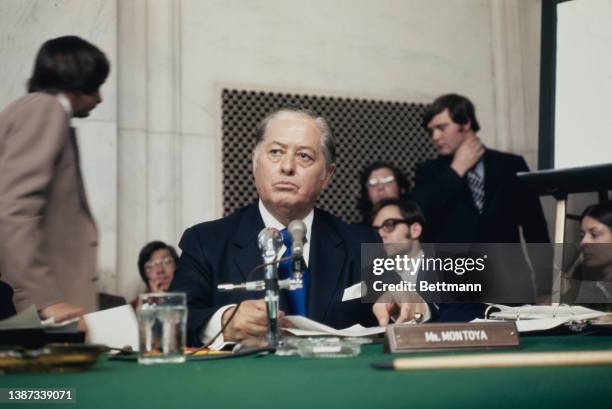 American politician Joseph M Montoya , United States senator from New Mexico, during a Watergate Committee meeting, held in the Russell Caucus Room...