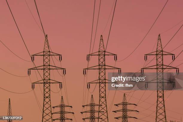 electricity pylons at sunset - blackout stock-fotos und bilder