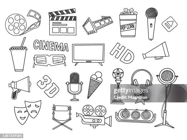 cinema doodles set - film director chair stock illustrations