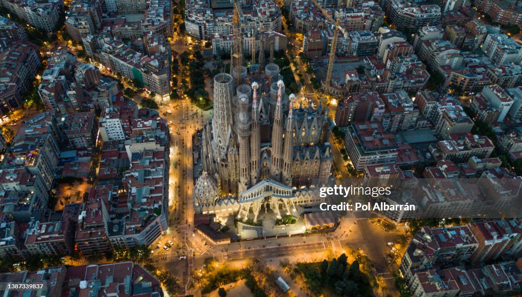 Sagrada Familia cathedral and Barcelona cityscape in Spain, aerial view.