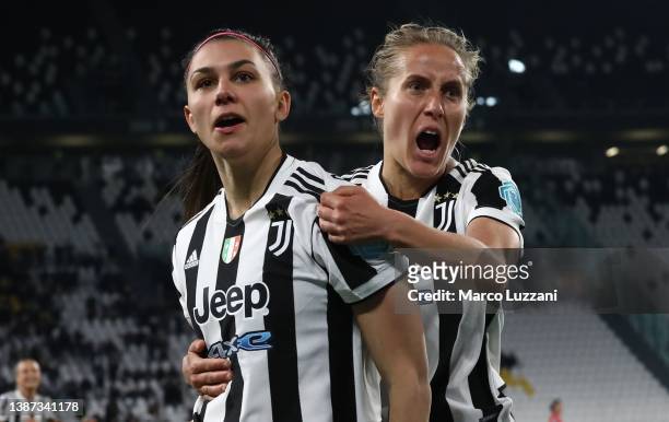 Agnese Bonfantini of Juventus FC celebrates her goal with her team-mate Valentina Cernoia during the UEFA Women's Champions League Quarter Final...
