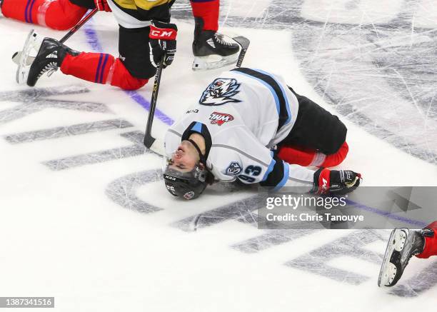 Matthew Savoie of Team Red stretches at the end of morning skate prior to the 2022 CHL/NHL Top Prospects Game at Kitchener Memorial Auditorium on...