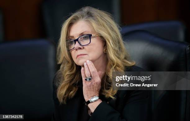 Sen. Marsha Blackburn listens to testimony from U.S. Supreme Court nominee Judge Ketanji Brown Jackson during her Senate Judiciary Committee...