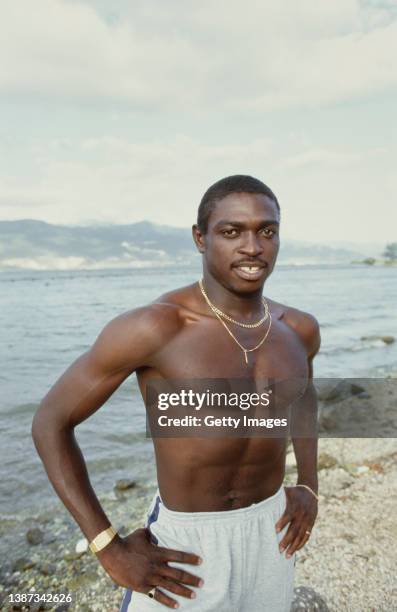 West Indies fast bowler Patrick Patterson poses topless on a beach during the England Cricket tour to the West Indies in 1986.