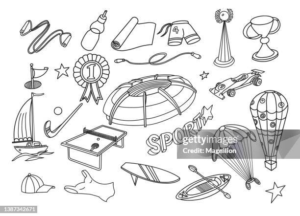 sport und active lifestyle doodles set - kanusport stock-grafiken, -clipart, -cartoons und -symbole