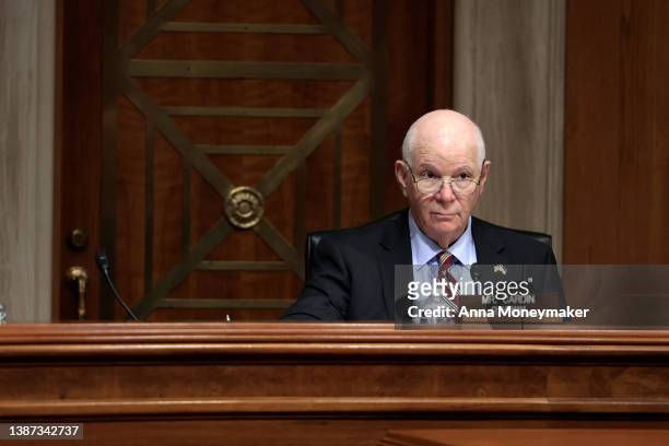 Sen. Ben Cardin speaks during a hearing with the Helsinki Commission in the Dirksen Senate Office Building on March 23, 2022 in Washington, DC. The...