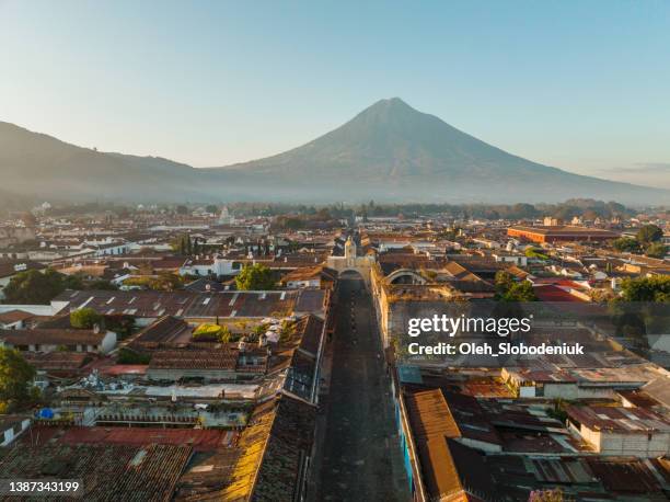 aerial view of antigua at sunrise - guatemala city skyline stock pictures, royalty-free photos & images