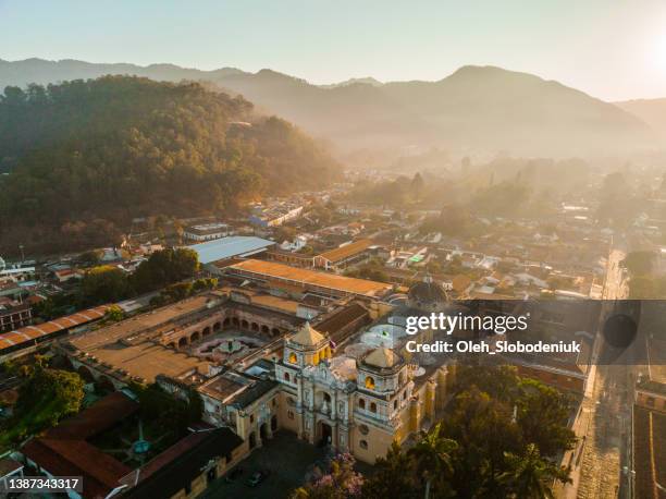 aerial view of antigua at sunrise - guatemala city skyline stock pictures, royalty-free photos & images