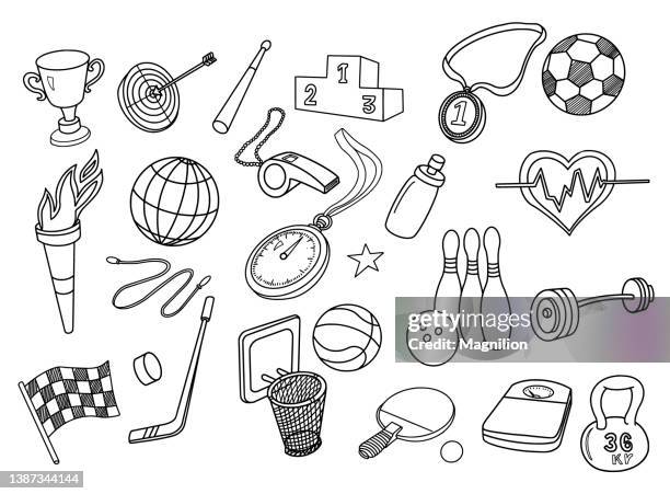 stockillustraties, clipart, cartoons en iconen met sport and active lifestyle doodles set - finish line