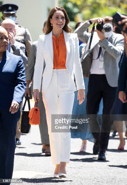 Catherine, Duchess of Cambridge is seen during visit to Shortwood Teacher's College on March 23, 2022 in Kingston, Jamaica.