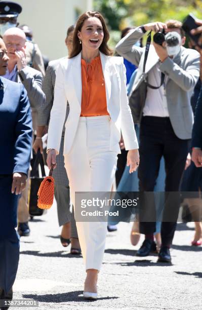 Catherine, Duchess of Cambridge is seen during visit to Shortwood Teacher's College on March 23, 2022 in Kingston, Jamaica.
