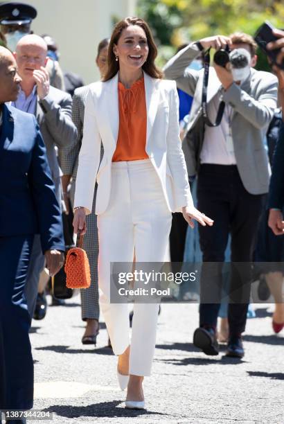 Catherine, Duchess of Cambridge is seen during visit to Shortwood Teacher's College on March 23, 2022 in Kingston, Jamaica.