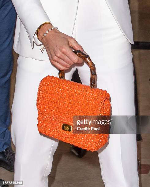 Catherine, Duchess of Cambridge, bag detail, visits the Prime Minister of Jamaica, Andrew Holness at his office on March 23, 2022 in Kingston,...