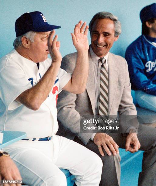 Dodgers Manager Tommy Lasorda and Dodgers great Sandy Koufax share a moment in dugout before playoff series of the Los Angeles Dodgers against St....