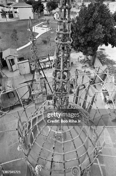 View of the Watts Towers- a collection of sculptured towers done by resident and artist Sabato Rodia over a period of 33 years from 1921 to 1954, in...