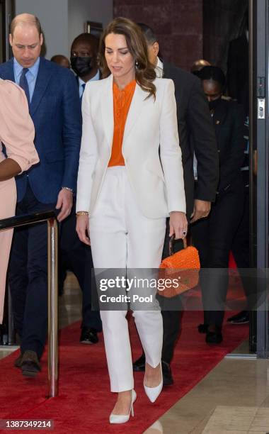 Catherine, Duchess of Cambridge visits the Prime Minister of Jamaica, Andrew Holness at his office on March 23, 2022 in Kingston, Jamaica. The Duke...