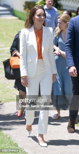 Catherine, Duchess of Cambridge is seen during visit to Shortwood Teacher's College on March 23, 2022 in Kingston, Jamaica.