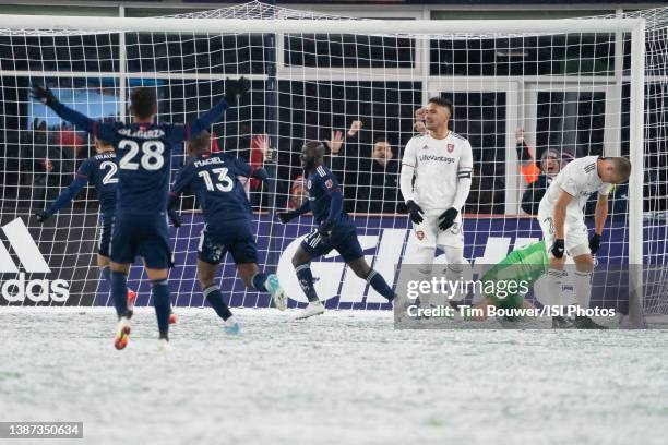 Emmanuel Boateng of New England Revolution celebrates his goal against Real Salt Lake during a game between Real Salt Lake and New England Revolution...