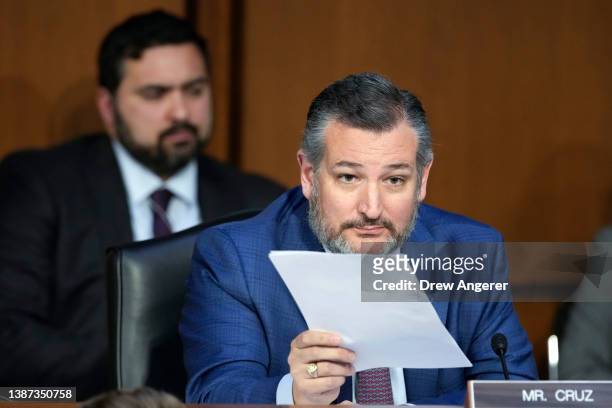 Sen. Ted Cruz interrupts the confirmation hearing of U.S. Supreme Court nominee Judge Ketanji Brown Jackson on Capitol Hill, March 23, 2022 in...