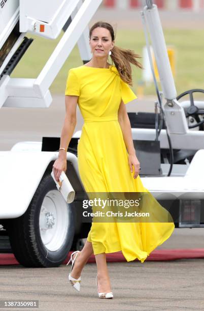 Catherine, Duchess of Cambridge during the official arrival at Norman Manley International Airport on March 22, 2022 in Kingston, Jamaica. The Duke...