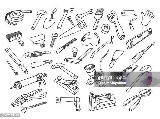 tools und kritzeleien set - gardening equipment stock-grafiken, -clipart, -cartoons und -symbole