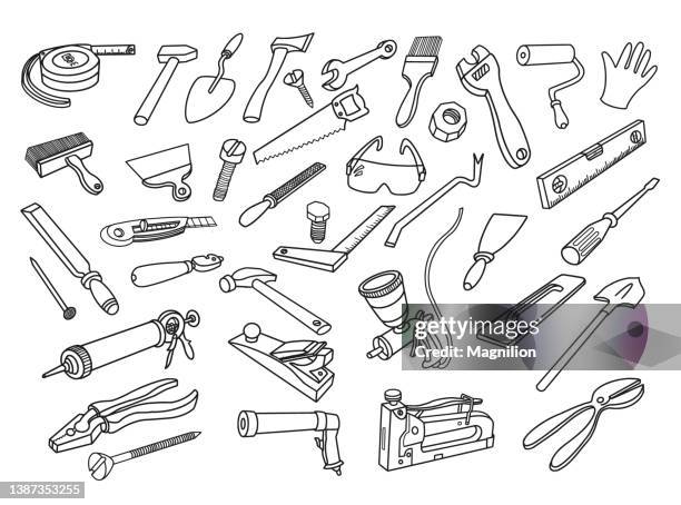 illustrazioni stock, clip art, cartoni animati e icone di tendenza di set di strumenti per schizzi - adjustable wrench