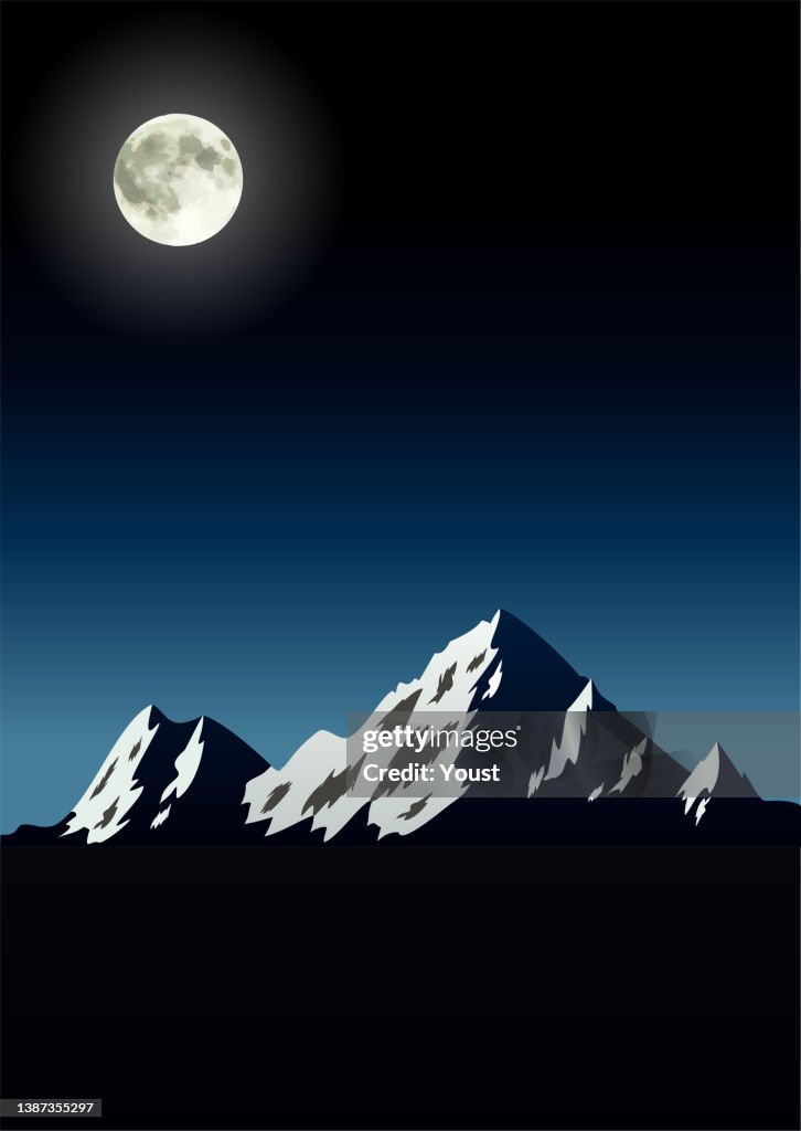 Paisaje azul nocturno con montañas y luna