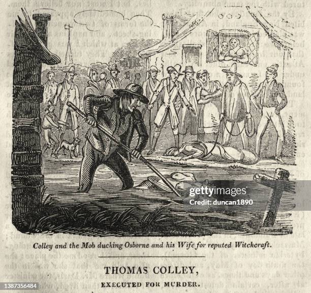 thomas colley and mob ducking john and ruth osborne for reputed witchcraft, 18th century crime - dodging stock illustrations
