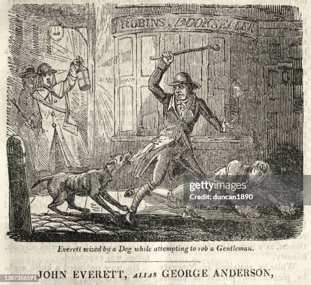 dog attacking a robber, mugging, street crime, london, 18th century crime - london 18th century stock illustrations