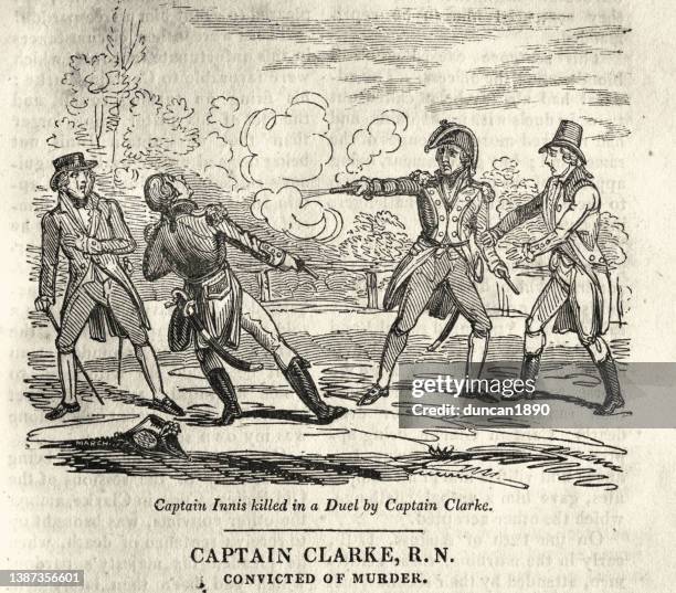 captain innis killed in a duel by captain clarke 1750, duelling with pistols, newgate calendar - dueling stock illustrations