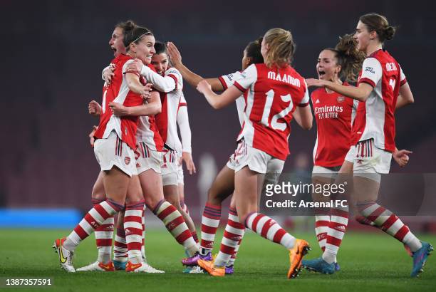 Lotte Wubben-Moy of Arsenal celebrates with Tobin Heath, Steph Catley and teammates after scoring their team's first goal during the UEFA Women's...
